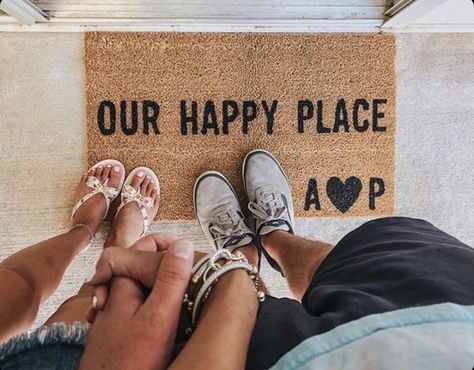 Our happy place doormat with initials | Etsy Apartment Decorating Him And Her, First Apartments For Couples, Newlywed House Ideas, Cute First Home Ideas, Couples First Home Decor, Home Decor Couples, Couple Home Ideas, First Home With Boyfriend, Living With Boyfriend Decor