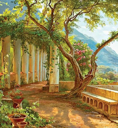 Ancient Greek Garden, Ancient Greece Art, Planner Art, Scrapbook Background, Wall Murals Painted, Intuitive Art, Art Painting Gallery, Garden Painting, Fantasy Places