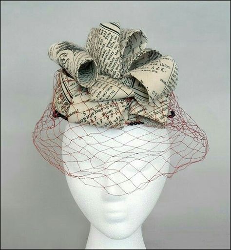 Recycled Costumes, Newspaper Fashion, Red Veil, Crazy Hat Day, Recycled Dress, Couture Hats, Hat Day, Paper Fashion, Crazy Hats