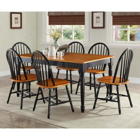 Better Homes and Gardens Autumn Lane Farmhouse Dining Table, Black and Oak - Walmart.com Large Farmhouse Dining Table, Black Dining Room Table, Farmhouse Table With Bench, Windsor Dining Chairs, Dining Room Table Chairs, Set Meja Makan, Country Dining Rooms, Solid Wood Chairs, Black Dining Room