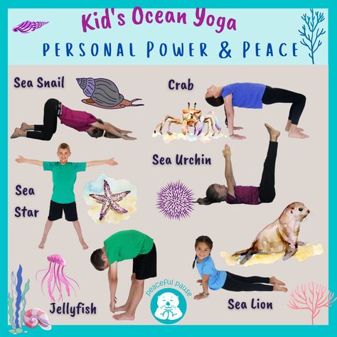 Let's mobilize our yoga bodies and minds to transform into sea creatures and test out some water sports during this ocean-themed yoga adventure story. Along the way, we'll use our breath and positive affirmations to harness our personal power and find our inner peace. Seaside serenity, here we come! Ocean Yoga Poses For Kids, Yoga Bodies, Kids Yoga Themes, Ocean Yoga, Preschool Yoga, Kid Yoga Lesson Plans, Ocean Theme Preschool, Water Yoga, Ocean Theme Classroom