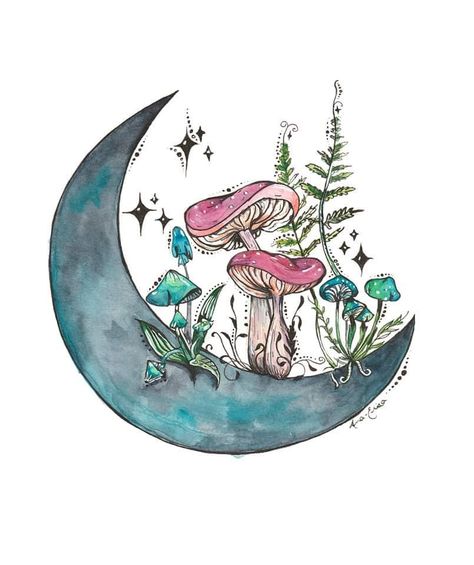 Spiritual Mushroom Art, Moon And Mushroom Drawing, Witchy Watercolor Art, Mystical Creature Drawing, Fairycore Watercolor, Cute Watercolour Painting, Mystical Watercolor, Vintage Mushroom Art, Mushroom Paint