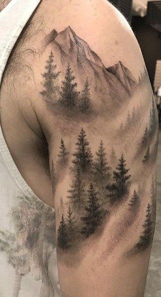 Nature Tattoos: Meanings, Tattoo Designs & Ideas Mountain Sleeve Tattoo, Moutain Tattoos, Natur Tattoo Arm, Earthy Tattoos, Nature Tattoo Sleeve, Forarm Tattoos, Landscape Tattoo, Forest Tattoos, Upper Arm Tattoos