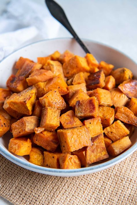 Cinnamon Potatoes, Baked Sweet Potato Cubes, Air Fryer Sweet Potatoes, Thanksgiving Recipes Side Dishes Easy, Roasted Sweet Potato Cubes, Sweet Potato Recipes Roasted, Oven Roasted Sweet Potatoes, Sweet Potato Thanksgiving, Potatoes Roasted