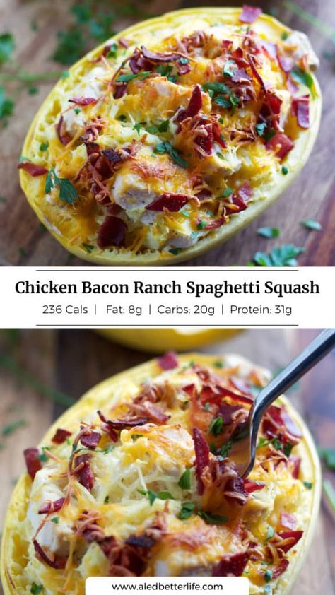 Chicken Bacon Ranch Spaghetti Squash, Chicken Bacon Ranch Spaghetti, Bacon Ranch Spaghetti, Ranch Spaghetti, Julie Ledbetter, Spaghetti Squash Recipes Chicken, Party Pasta, Healthy Squash Recipes, Spaghetti Squash Recipes Healthy