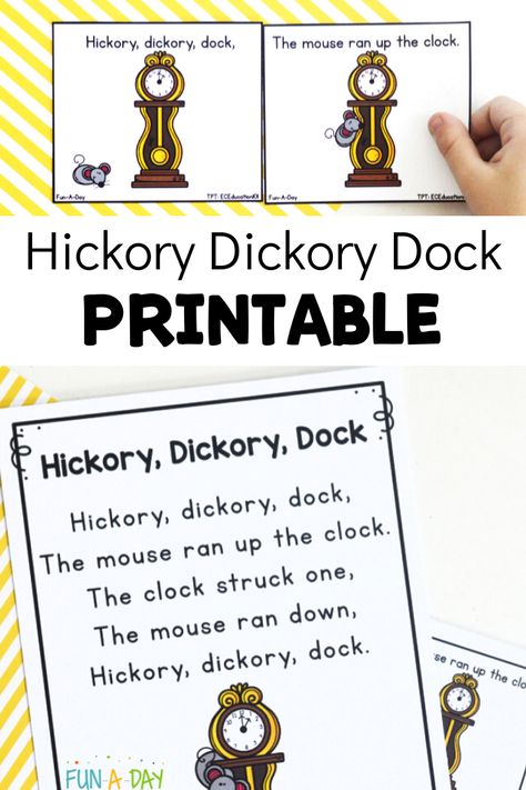 This Hickory, Dickory, Dock printable comes with a poem AND sequencing cards. It's super helpful as you teach the kids nursery rhymes and can be a great support to hands-on activities. Hickory Dickory Dock Preschool Nursery Rhymes, Hickory Dickory Dock Printable, Hickory Dickory Dock Craft Preschool, Hickory Dickory Dock Preschool, Hickory Dickory Dock Activities, Hickery Dickery Dock, Hickory Dickory Dock Craft, English Kindergarten, English Rhymes