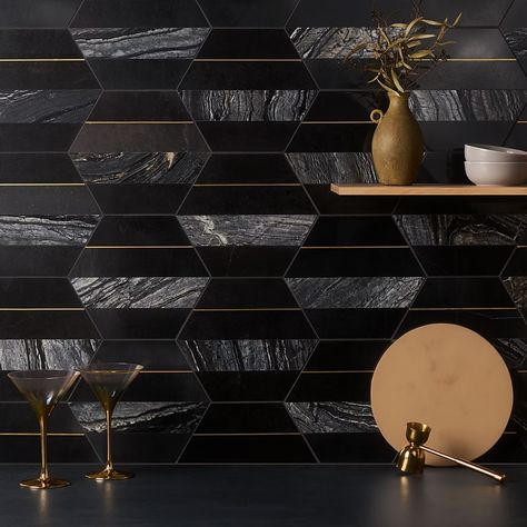 Buy Margo Black and Gold 9 inch Hexagon Polished Nero Marquina Marble and Brass Mosaic Tile | TileBar.com Black And Gold Tile Backsplash, Black Gold White Backsplash, Black And Gold Backsplash Kitchen, Black And Gold Backsplash, Black And Gold Tile, Dream Architecture, Agate Tile, Hexagon Marble Tile, Wet Bar Designs