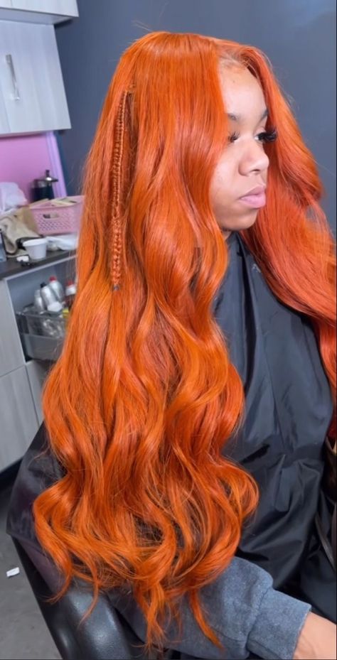 Orange Wig Install, Ginger Sew In Weave, Orange Frontal Wig, Ginger Wig Hairstyles, Ginger Frontal Wig, Ginger Wig Install, Ginger Frontal, Hair Color Ideas Vibrant, Ginger Orange Hair