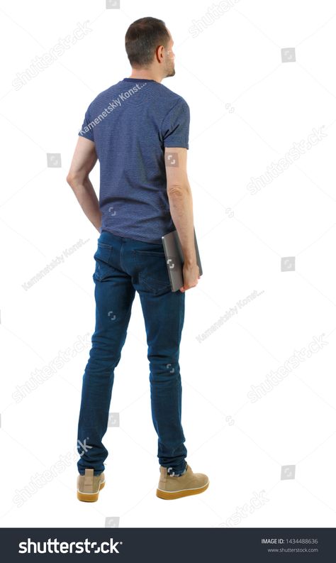 Back view of a man who is standing with a laptop. Rear view people collection. The guy in the shoes holding a laptop under his arm. backside view of person. Isolated over white background. #Ad , #Sponsored, #people#Rear#guy#collection Man Back View Reference, People Standing Back To Back Reference, Man Standing From Behind Reference, Guy Standing Back View, Person Standing Sideways Reference, Standing Pose Back View, Person Standing Sideways, Man Standing Back View, Person Facing Backwards