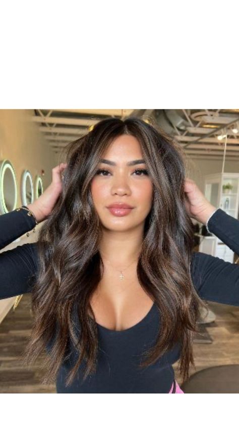 Round Face Balayage, Dark Brown Hair Balayage On Tan Skin, Megan Fox Dark Brown Hair, Natural Caramel Highlights On Dark Hair, Dark Hair Bangs Highlights, Winter Asian Hair, Low Contrast Brunette, Black Roots And Brown Hair, Dark Hair With Deminsions