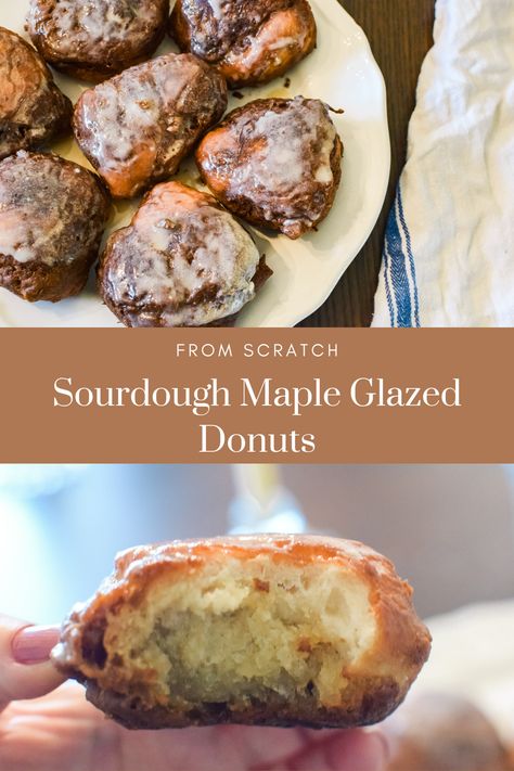 These Sourdough Maple Glazed Donuts are delicious sweet donuts made with the use of a sourdough starter. They are perfectly sweetened with a homemade maple glaze that is simple to make and drizzle over the crisp warm sourdough donuts. So good! Maple Donuts Recipe, Sourdough Donut Recipe, Maple Donuts, Sourdough Biscuits, Brunch Party Recipes, Sourdough Starter Discard Recipe, Baked Donut Recipes, Glazed Donuts, Donut Recipe