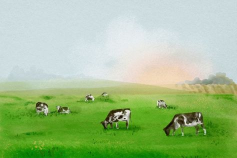 Watercolor farm landscape background, agriculture aesthetic psd | premium image by rawpixel.com / Busbus Desktop Wallpaper Watercolor, Agriculture Aesthetic, Landscape Desktop Wallpaper, Landscape Desktop, Cow Watercolor, Watercolor Farm, Cow Wallpaper, Cow Illustration, Farm Landscape