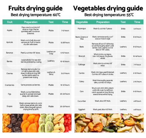 Dehydrated Fruit & Veg Drying Guide Good Dehydrator Recipes, Food Dehydration Chart, Dehydrator Times And Temps, What To Dehydrate, Freeze Drier, Dehydrator Recipes Fruit, Fruit Drying, Dehydrating Food Storage, Food Dehydration