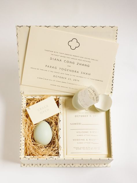 We designed these amazing invitations for a barn wedding with real chicken eggs in a nest. The eggs had a hand written note inside and the guests cracked open the eggs. Mailed in a custom invitation box that held the nest, invitation and inserts. Click to see all of the details or pin for later! Modern Barn Wedding, Wedding Invitations With Pictures, Box Invitations, Invitations Diy, Diy Simple, Luxury Wedding Venues, Luxury Wedding Invitations, Unique Invitations, Modern Barn