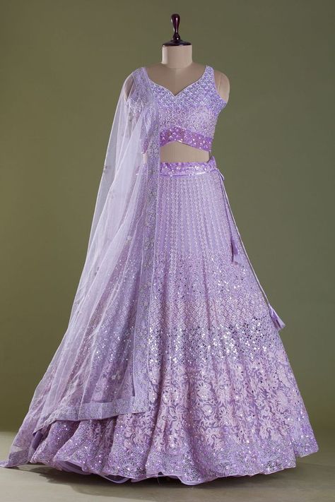 Netted Crop Tops For Lehenga, Lavendar Lehenga Designs, Lavender Sequin Dress, Lavender Lehenga Bridal, Lavender Color Dress, Lavender Lehenga, Lehenga Ideas, Long Skirt Top Designs, Gown Dress Party Wear