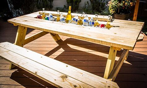 Picnic table cooler Table Cooler, Build A Picnic Table, Diy Picnic, Diy Picnic Table, Diy Cooler, Picnic Table Plans, Hallmark Homes, Build A Table, Steak House