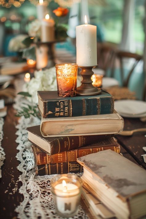 Transform your wedding tables into a storybook scene with our antique book centerpieces! 📚💒 Delicate lace runners and warm votive candles complete the romantic ambiance. Perfect for bibliophiles saying I do! #WeddingInspiration #VintageWedding #BookLover #RomanticDecor #WeddingIdeas #Candlelight #AntiqueChic #LaceDetails Let the love stories of old add charm to your special day! Old Books As Centerpieces, Wedding Table Centerpieces Books, Wedding Themes Books, Book Wedding Table Decor, Antique Rustic Wedding, Old Book Centerpieces, Books As Centerpieces Wedding, Old Books Wedding Decor, Antique Book Centerpieces