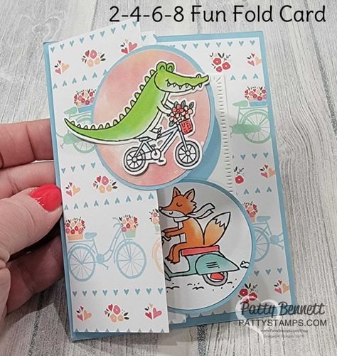 Stampin\' Up! Fun Fold cards 2-4-6-8 design with Country Floral Lane paper and Zany Zoo, video tutorial by Patty Bennett Cards For Scrapbook, How To Make Cards, Bike Card, Fancy Fold Card Tutorials, Daisy Cards, How To Make Scrapbook, Country Floral, Birthday Cards For Boys, Paper Crafts Card