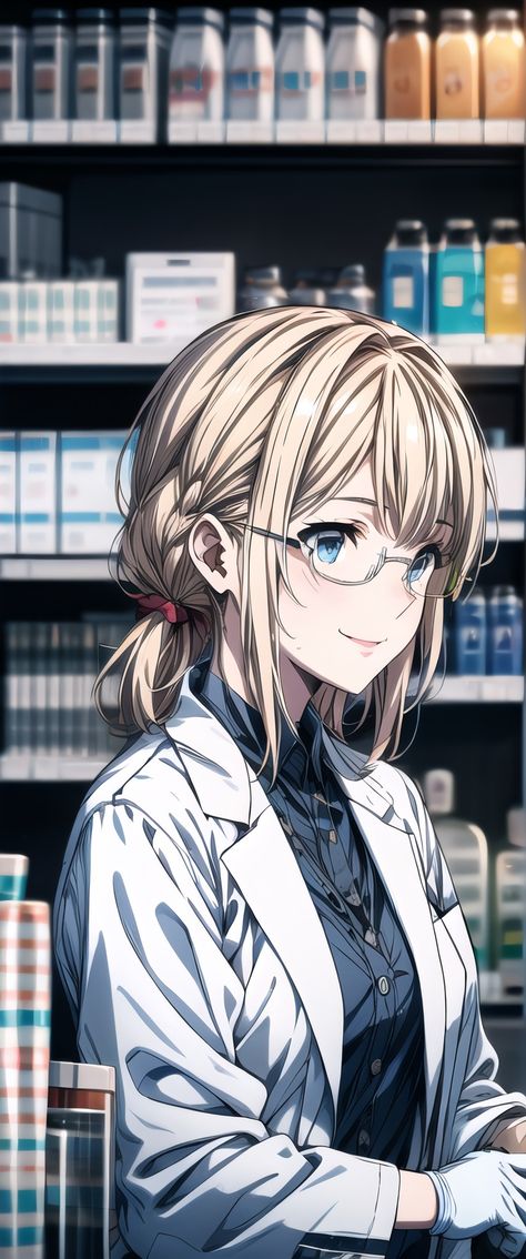 Violet evergarden, Ali AJ Art, AI generated, pharmacy, pharmacist, lab coat, glasses, mobile wallpaper Anime Lab Coat, Violet Evergarden, Hair Girl, Light Hair, Pharmacist, Mobile Wallpaper, Anime Wallpaper, Violet, Lab Coat