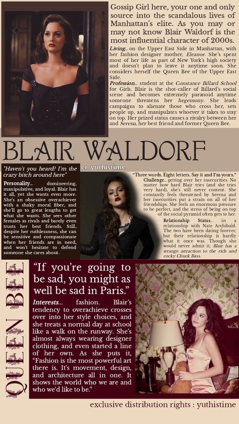 Blair Waldorf old money aesthetic poster  Follow for more ♡ Blair Woldorf Aesthetic, Blair Aesthetic Gossip Girl, Blair Waldorf Season 2 Hair, Gossip Girl Blair Aesthetic, Blair Waldorf Affirmations, Blair Waldorf Inspiration, Blair Waldorf Poster, Blair Waldorf Workout, Blair Waldorf Wishlist