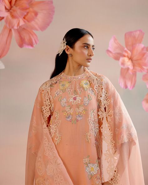 Luxury Chanderi Cutwork Sets, Designer Embroidered Peach Sharara, Luxury Peach Sharara With Intricate Embroidery, Peach Embroidered Dupatta, Semi-stitched Peach Sharara With Intricate Embroidery, Organza Embroidery, Embroidered Border, Embroidery Floral, Organza Dupatta