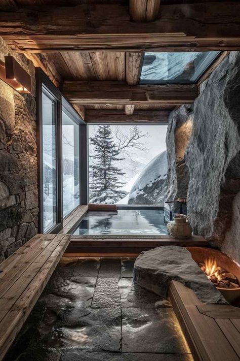 Hot Tub Sauna Rustic and Modern Design Dream Hot Tub, Indoor Outdoor Hot Tub, Home Built Sauna, Hot Tub Room Ideas, Build Sauna, Outdoor Sauna And Hot Tub, Home Wellness Spa, In Home Sauna, Spa Interior Design Luxury