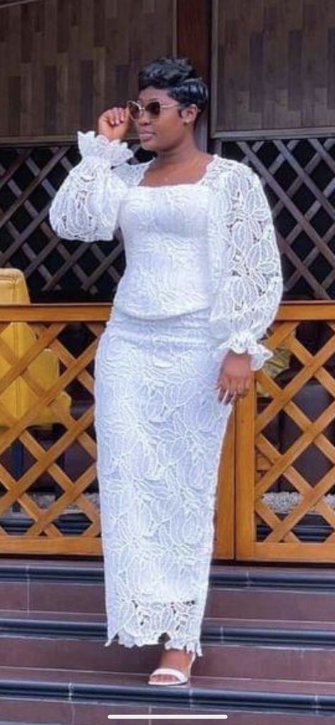 White Laces African Dress, Beautiful Lace Styles For Wedding, White Lace Styles In Nigeria 2023, White Lace Dress For Thanksgiving In Ghana, All White African Outfit For Women, White Lace Skirt And Blouse Asoebi, Ankara White Dress Styles, White African Lace Styles, White Lace Skirt And Blouse Styles