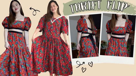 Diy Dress Makeover Refashioning Ideas, Thrift Flip Dress To Two Piece, Thrift Flip Dress, Diy Dress Makeover, Thrift Flip Clothes Diy, Tiered Skirt Pattern, Dress Transformation, Thrift Store Diy Clothes, Dress Thrift