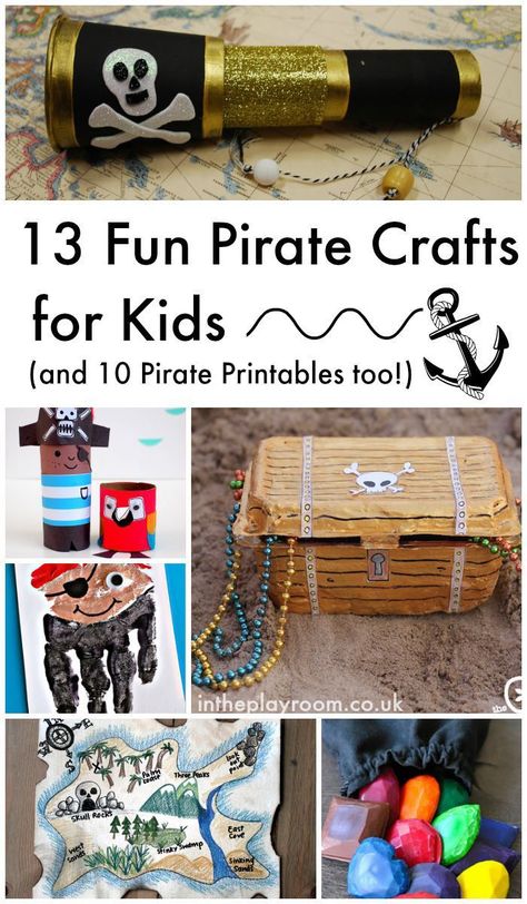 13 fun pirate crafts for kids for talk like a pirate day. Great ideas for treasure chests, telescopes, pirate hand prints and loads more. Pirate printables too! Pirate Crafts For Kids, Pirate Printables, Pirate Classroom, Talk Like A Pirate Day, Pirate Activities, Talk Like A Pirate, Pirate Crafts, Treasure Chests, Pirate Art