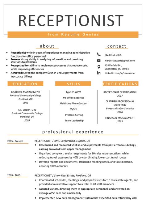 Receptionist Resume Sample & Writing Guide | Resume Genius Receptionist Aesthetic, Receptionist Resume, Federal Resume, Receptionist Jobs, Administrative Assistant Resume, Job Interview Advice, Job Resume Examples, Interview Advice, Good Resume Examples