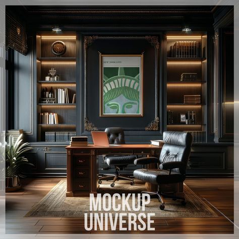 ✨ Enhance your artwork presentation with our Luxury Dark Home Office Frame Mockup. This high-resolution digital product features a sophisticated home office with dark wood paneling, elegant bookshelves, and a luxurious desk setup, perfect for showcasing your designs. The mockup includes a beautifully detailed frame, adding a touch of sophistication and realism to your artwork. Ideal for designers, photographers, and artists looking to create a luxurious and professional display. ✨ With your purc Speakeasy Home Office, Small Private Office Design, Men’s Study Ideas, Small Office Ideas Men, Custom Wood Desk, Office Ideas For Men Workspaces, Office Ideas For Men Business, Black And Wood Office, Men’s Work Office Ideas