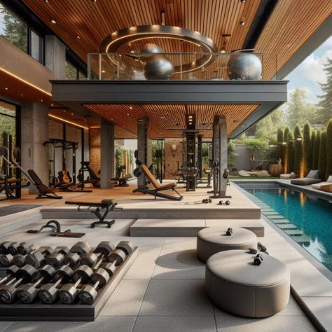 Design a luxurious custom home gym with an outdoor pool area. Perfect for achieving your fitness goals! #HomeGymDesign #OutdoorFitness #PoolParty #SwimmingPool #PoolTime Home Gym With Pool, Outdoor Workout Space, Gym With Pool, Outdoor Gym Design, Estate Layout, Stylish Home Gym, Home Gym Design Luxury, Gym Architecture, Gym Designs