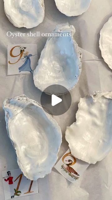 Oyster Shell Christmas Ornaments Diy, Oyster Shell Wind Chimes Diy, How To Make Oyster Shell Ornaments, Modge Podge Shells, Oyster Ornaments Diy, How To Decoupage Oyster Shells, Painted Sand Dollars Ideas, Diy Oyster Shell Ornaments, Decoupage Oyster Shells Diy