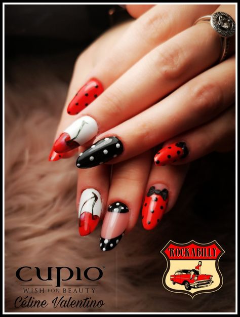 Rockabilly Nail Art, Rockabilly Nails Designs, 50s Nails, Nails Rouge, Elegant Manicure Designs, Pin Up Nails, Rockabilly Nails, Rockabilly Mode, Pretty Fingers