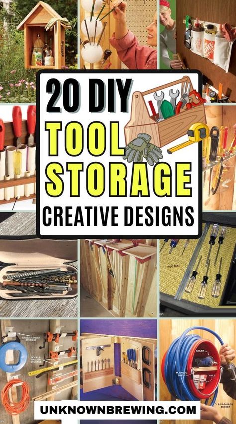 Keep your tools organized with these DIY storage ideas! Garage Tool Storage Ideas Diy, Diy Tool Storage Solutions, Diy Tool Storage, Yard Tool Storage Ideas, Tool Storage Ideas, Tool Organization Diy, Tool Wall Storage, Garage Projects, Tool Box Diy