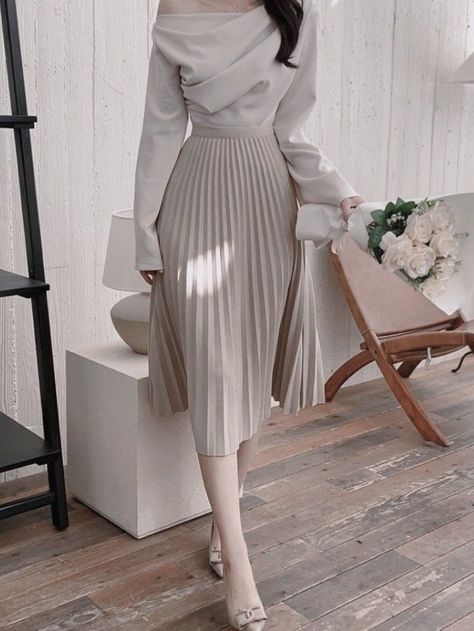 Shop this look, #ad Korean Outfits Formal Dress, Korean Fashion Classy Chic, Pretty Elegant Outfits, Feminine Dresses Classy Chic, Korean Modest Fashion Aesthetic, Elegant Classy Feminine Outfits, Classy Outfit Korean, Korean Style Work Outfit, Classy Korean Fashion