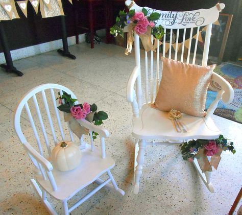 Baby shower: I refurbished and painted this chair, then added the "Family: Where Life Begins and Love Never Ends" as a featured decoration, and place for mommy-to-be to sit as she opened her gifts. To her surprise, it was also a gift for her to take home for the nursery! The little chair was a flea market find that just needed a coat of white spray paint and also went home with mommy. Baby Shower Chair, White Spray Paint, Rustic Glam, Flea Market Finds, Baby Shower Pumpkin, Pumpkin Theme, Baby In Pumpkin, Baby Shower Food, Baby Shower Games