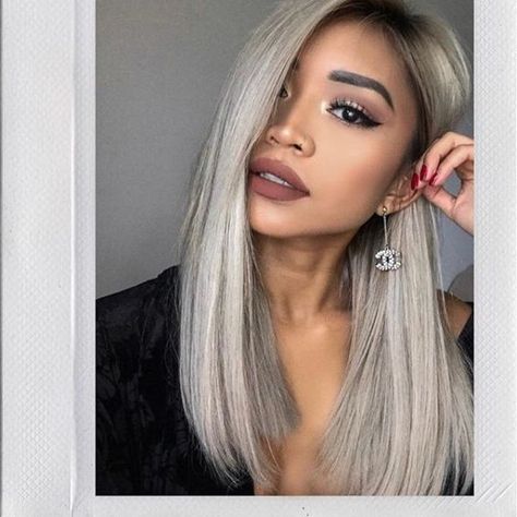 Silky Straight Brazilian Virgin Hair 4*4 Lace Frontal Human Hair Wigs 180 Density With Baby Hair Pure/Blue/Burgundy/Pink/Green Grey Hair Tan Skin, Hairdye Ideas, Hair Tan Skin, Hair Asian, My Everyday Makeup, Blonde Asian, Silver Blonde Hair, Ash Blonde Balayage, Silver Hair Color