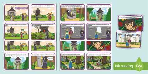 Rapunzel Story Sequencing (Speech Bubbles - 4 per A4) Rapunzel Story, Sequencing Cards, Fairy Tale Theme, Story Sequencing, Speech Bubbles, Speech Bubble, Rapunzel, Fairy Tales, Hand Drawn