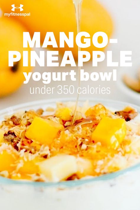 Enjoy this easy, breezy mango-pineapple yogurt bowl for a tropical breakfast treat. Plain yogurt is sweetened naturally with chunks of pineapple and mango, along with toasted coconut flakes. Plain yogurt is an excellent breakfast choice because it’s a probiotic (e.g. source of good bacteria), and contains a good dose of protein, calcium and vitamin D. #MyFitnessPal #yogurtbowl #mango #pineapple #breakfastbowl #smoothie #Breakfastsmoothie #Pineapplesmoothie #smoothierecipes #healthybreakfast Pineapple Yogurt Parfait, Pineapple Yogurt Bowl, Mango Pineapple Smoothie Bowl, Coconut Yogurt Breakfast Bowl, 200 Calories Recipes, Greek Yogurt With Honey And Fruit, Pineapple Yogurt, Calcium And Vitamin D, Tropical Breakfast