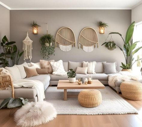 Boho Living Room With Light Grey Couch, Boho Grey Sofa Living Room, Light Gray Couch Boho Living Room, Light Grey Couch Living Room Boho, Gray Sectional Boho Living Room, Light Gray Sofas, Grey Sofa Living Room, Gray Sofa, Boho Wall Decor