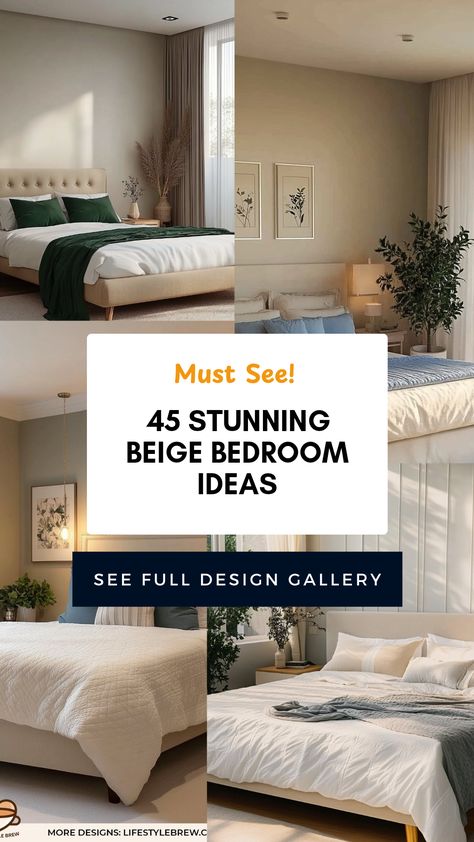 Transform your space with these 45 stylish beige bedroom design ideas that bring serenity and elegance to your home. Discover how to create harmonious atmospheres with timeless color palettes, perfect furniture arrangements, and décor tips. From minimalist aesthetics to luxe accents, learn how to maximize comfort and style in your bedroom. Explore color-coordinated ideas, bedding options, and ways to incorporate natural light. This comprehensive guide is your go-to for designing a soothing haven for rest and relaxation. Beige Monochromatic Bedroom, Beige And Green Aesthetic Bedroom, Beige Aesthetic Bedroom Ideas, Beige Bedroom Design, Beige Walls Bedroom, Beautiful Room Decor, Beige Bedroom Ideas, Adult Bedroom Decor, Luxury Bedroom Interior Design