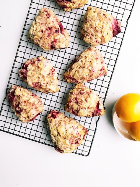 Meyer Lemon and Raspberry Scones Raspberry Sourdough, Discarded Sourdough Starter Recipes, Lemon Raspberry Scones, Discard Scones, Basic Muffins, Lemon And Raspberry, Breakfast Scones, Raspberry Scones, Tea And Crumpets