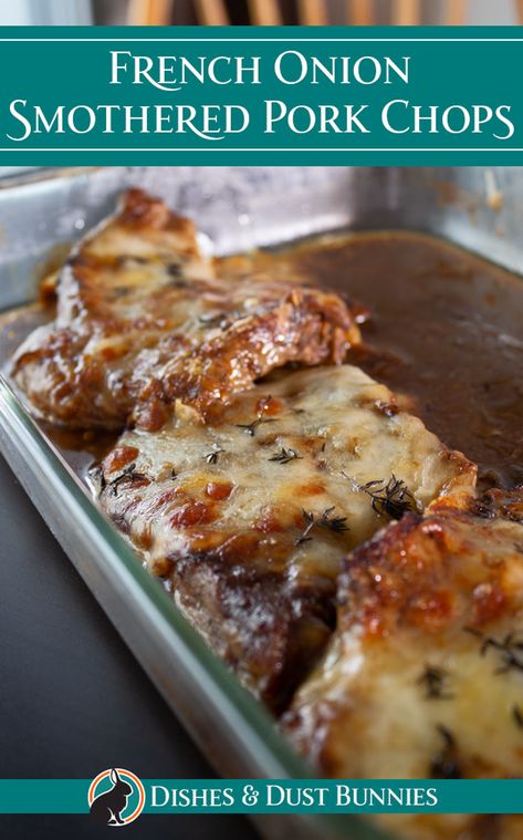 Delicious pork chops baked in a flavourful French onion sauce and topped with cheese. If you're a fan of French Onion soup, you'll love this recipe! It's the perfect main course! French Onion Smothered Pork Chops, Onion Smothered Pork Chops, Delicious Pork Chops, Pork Chops Baked, French Onion Pork Chops, Pork Chop Dishes, Pork Entrees, Whipped Potatoes, Smothered Pork