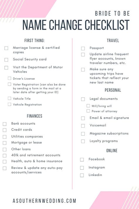 Don't get overwhelmed by all of the steps to change your name after getting married. We've broken it down into an easy to follow guide and printable checklist to make sure the process to change your name after your wedding is as simple as possible! #weddingtips #bridetips #weddingplanning #weddingplanner #weddingplanningtips #weddingplanningguide #planyourwedding #weddinginspo Change Name Checklist, Changing Your Name Checklist, Wedding Name Change Checklist, Wedding Step By Step Planning, Last Name Change Checklist, Who To Tip At Your Wedding, Steps To Getting Married, Steps To Change Name After Marriage, Wedding Clean Up