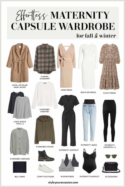 Effortless Maternity Capsule Wardrobe For Any Season + Checklist! Fall And Winter Maternity Outfits, Maternity Wardrobe Essentials, Maternity Capsule Wardrobe, Fall Maternity Outfits, Casual Maternity Outfits, Winter Maternity Outfits, Maternity Work Clothes, Preggo Fashion, Maternity Chic