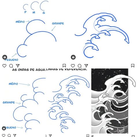 How To Draw Japanese Waves, Japanese Water Drawing, Japanese Finger Waves Drawing, Japanese Tattoo Elements, Japanese Style Waves, Wave Japanese Tattoo, Traditional Japanese Wave Tattoo, Japanese Art Tutorial, Japanese Waves Drawing