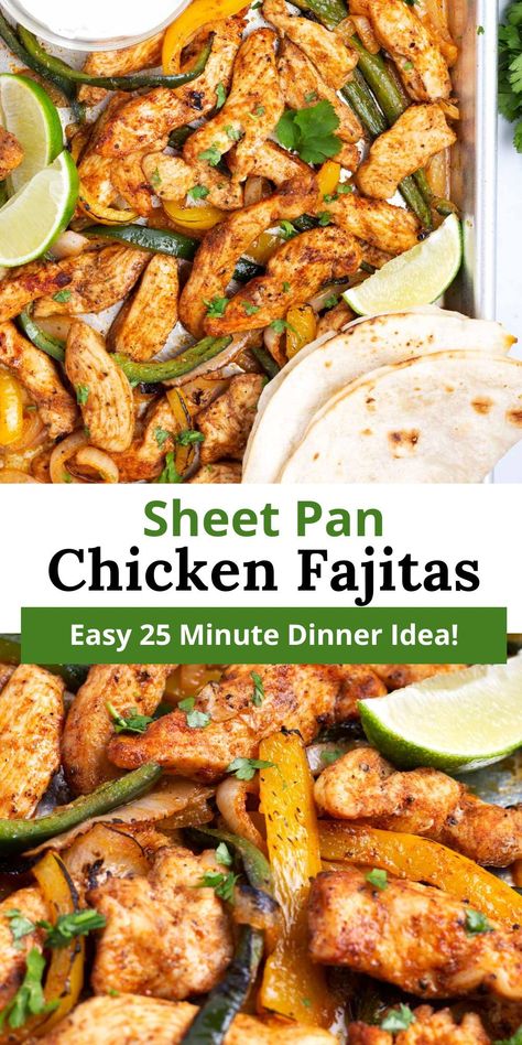 These sheet pan chicken fajitas are your go-to for a quick and easy dinner! Made with chicken breast, poblano peppers, and a colorful array of veggies, this flavorful dish is oven baked to perfection. In just 25 minutes, you can have a delicious weeknight meal that's sure to satisfy everyone at the table. Baked Fajita Chicken Breast, Oven Baked Chicken Fajitas, Fajitas Chicken, Sheet Pan Fajitas, Hot Honey Recipe, Sheet Pan Chicken Fajitas, Wraps Recipes Easy, Chicken Fajitas Recipe, Baked Peppers