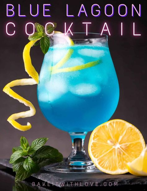 Stunning blue lagoon cocktail drink served with lemon twist and basil for garnish. Blue Vodka Punch, Large Batch Blue Cocktail, Blue Lagoon Drink Recipe, Drink Dispenser Recipes, Blue Curacao Drinks, Classic Tequila Cocktails, Pool Party Drinks, Blue Lagoon Cocktail, Vodka Punch