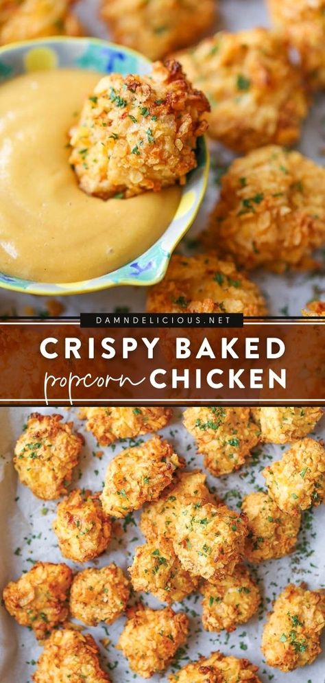 BAKED POPCORN CHICKEN Baked Popcorn, Baked Popcorn Chicken, Chicken Popcorn, Popcorn Chicken, Food Party, Chicken Bites, Think Food, Chicken Dishes Recipes, Chicken Dinner Recipes